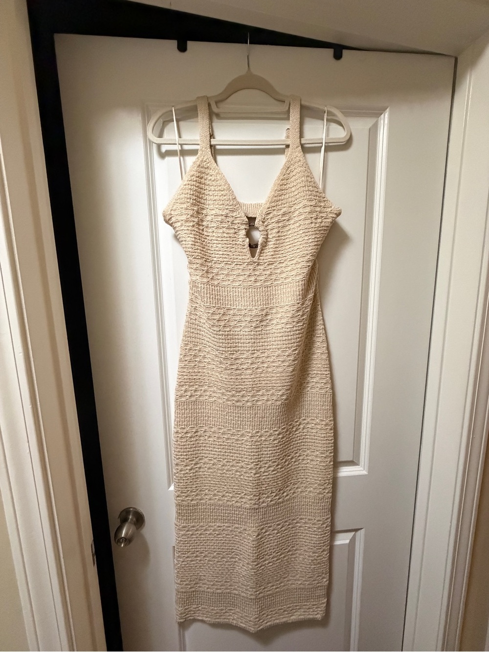 Bobbles & Lace Knit Backless Midi Dress in Cream